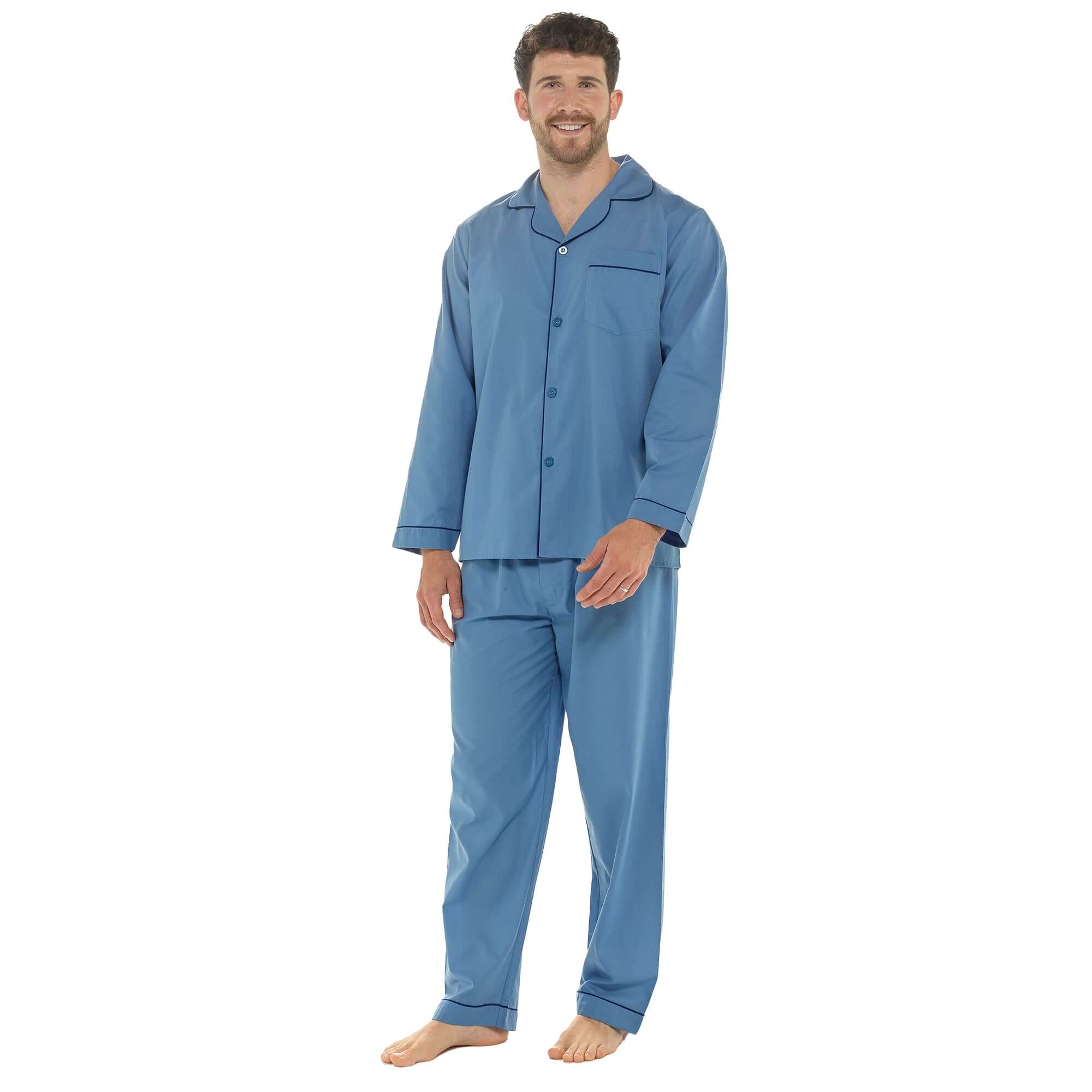 Men's Classic Blue Woven Pyjama Set Long Sleeve Button Top & Bottoms Easy Care Nightwear by Sock Stack