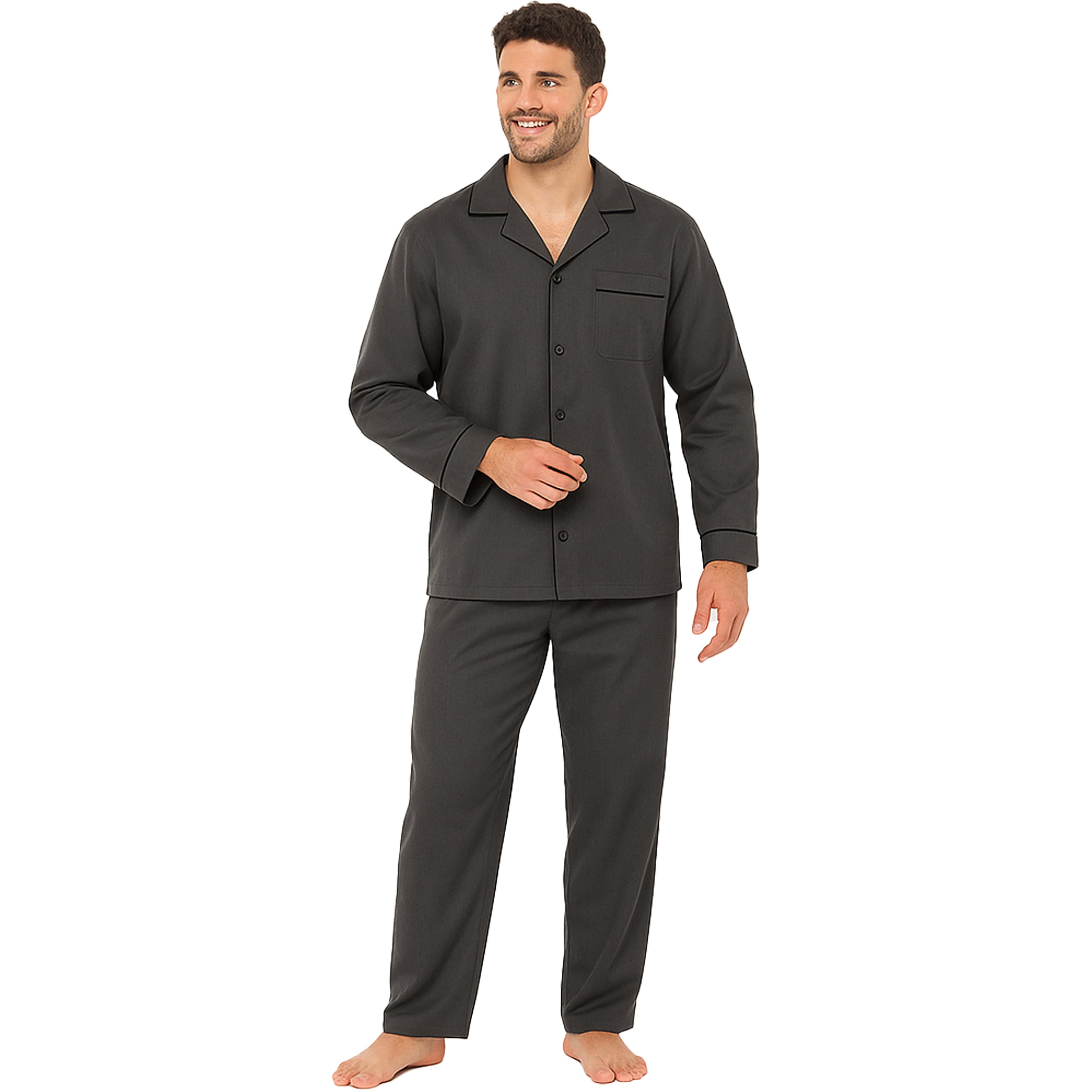 Men's Classic Charcoal Woven Pyjama Set Long Sleeve Button Top & Bottoms Easy Care Nightwear by Sock Stack