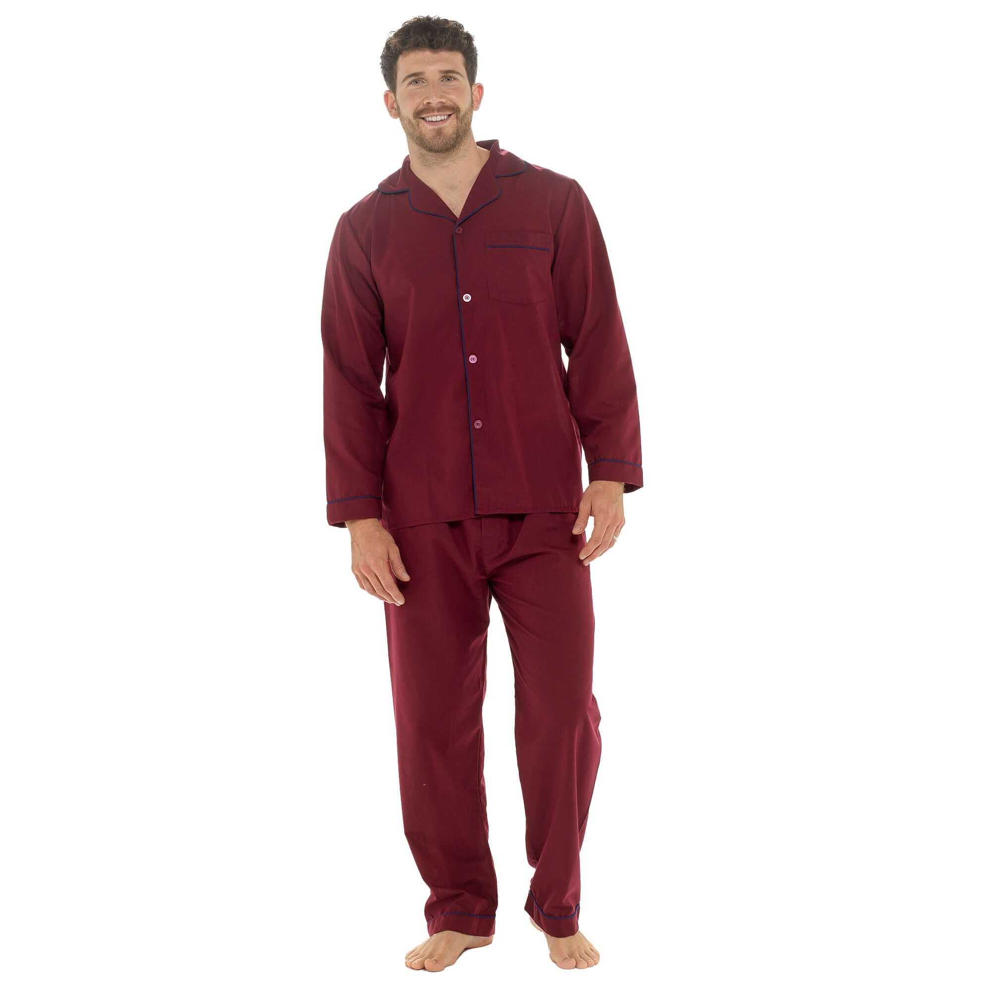 Men's Classic Red Woven Pyjama Set Long Sleeve Button Top & Bottoms Easy Care Nightwear by Sock Stack