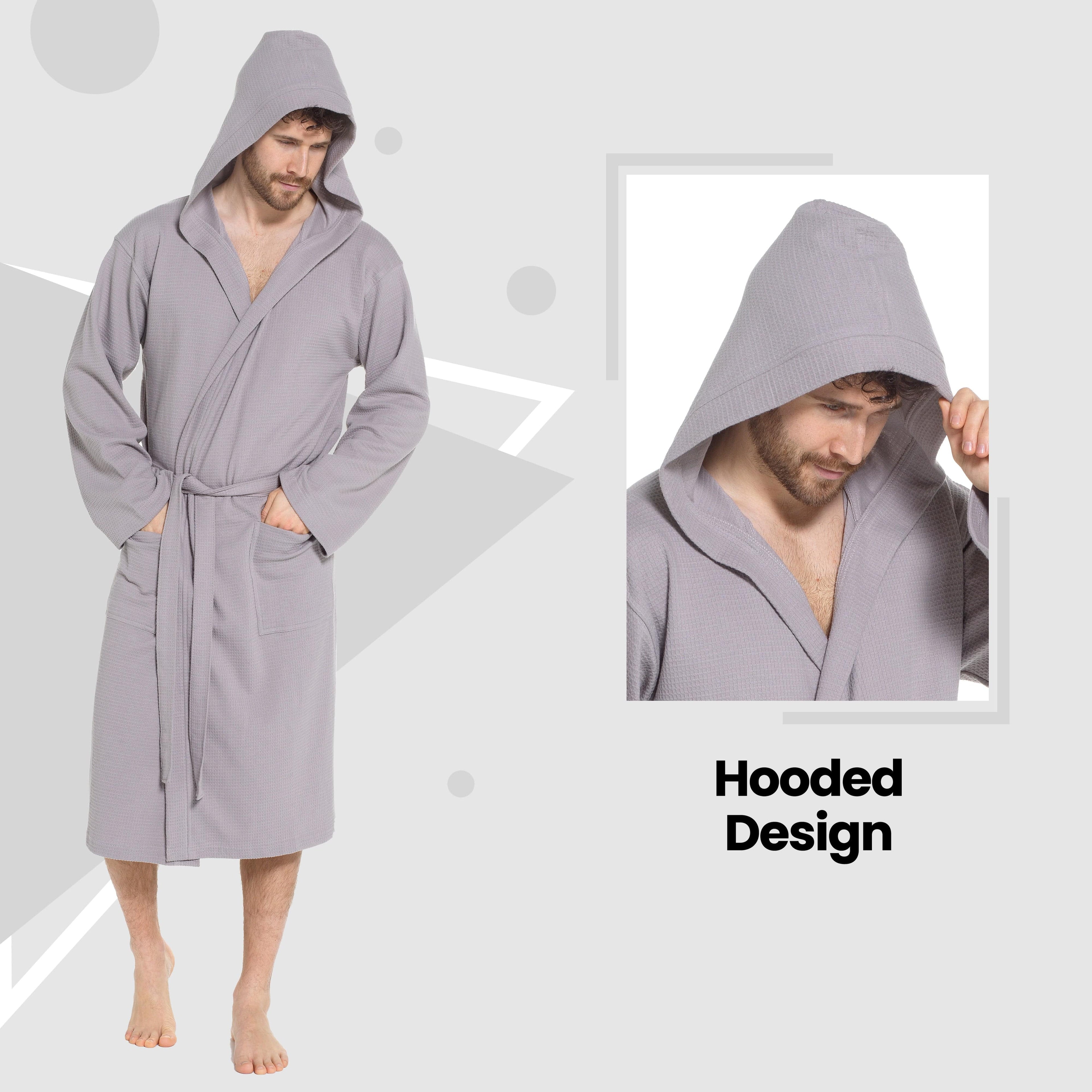 Men’s Hooded Waffle Cotton Bathrobe Grey Super Absorbent Spa Robe Luxury Dressing Gown for Home & Loungewear by Sock Stack
