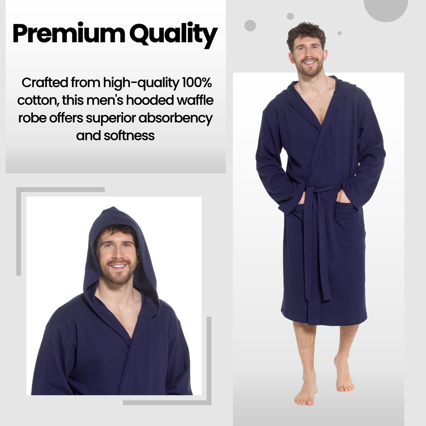 Men’s Hooded Waffle Cotton Bathrobe Navy Super Absorbent Spa Robe Luxury Dressing Gown for Home & Loungewear by Sock Stack