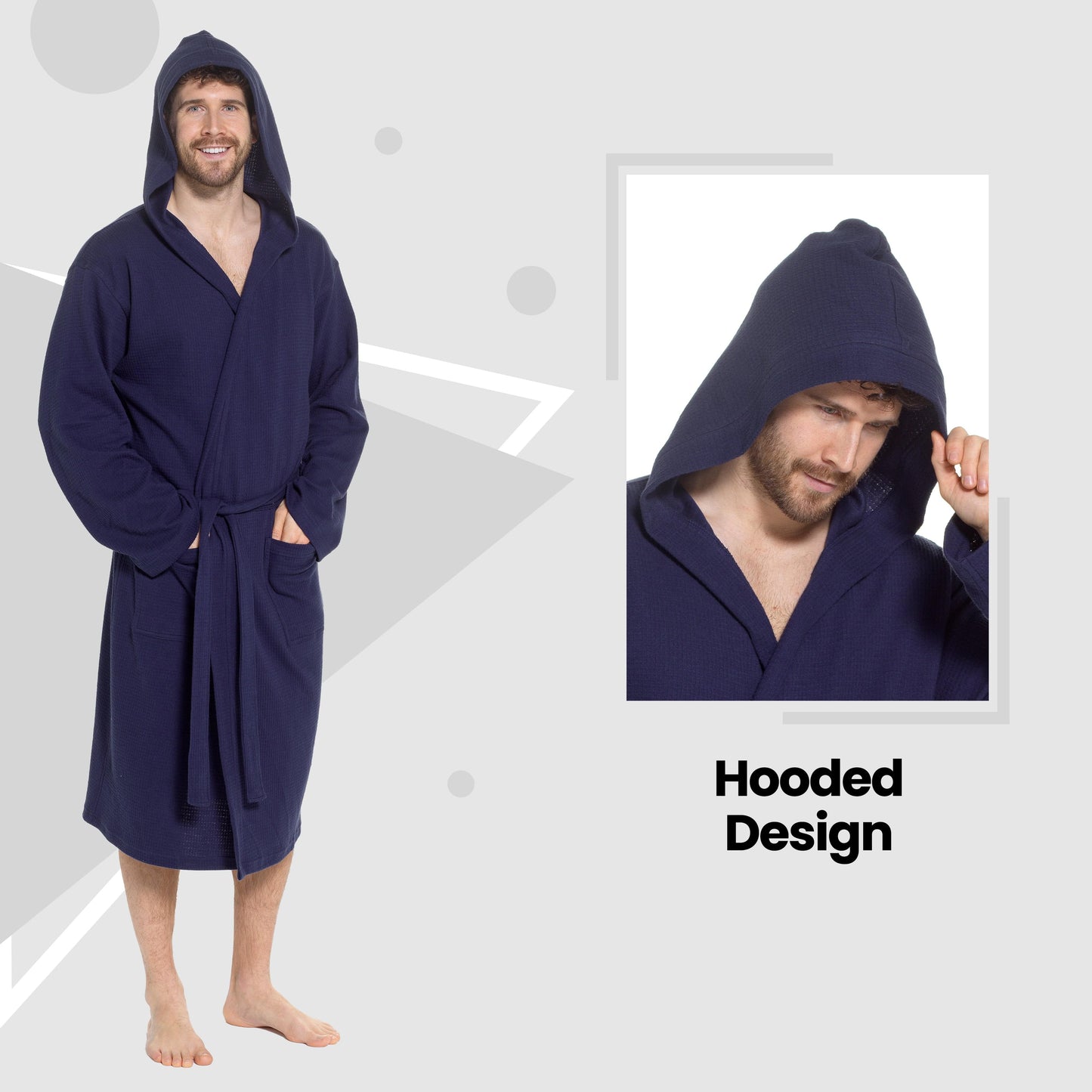 Men’s Hooded Waffle Cotton Bathrobe Navy Super Absorbent Spa Robe Luxury Dressing Gown for Home & Loungewear by Sock Stack