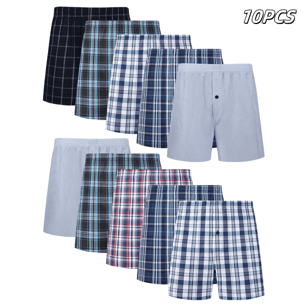 Men’s 10pcs Cotton Boxer Shorts – Plaid & Striped Underwear