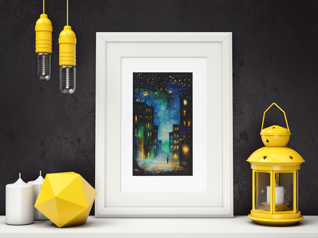 Surreal Urban Night Scene Poster - Vibrant Reflection - Black Framed Art Ready to Hang