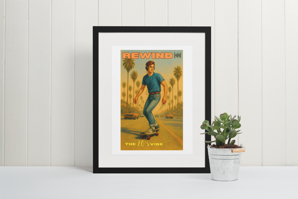 Retro 80's Vibe Poster – Skateboarder with Walkman | Vintage Wall Art