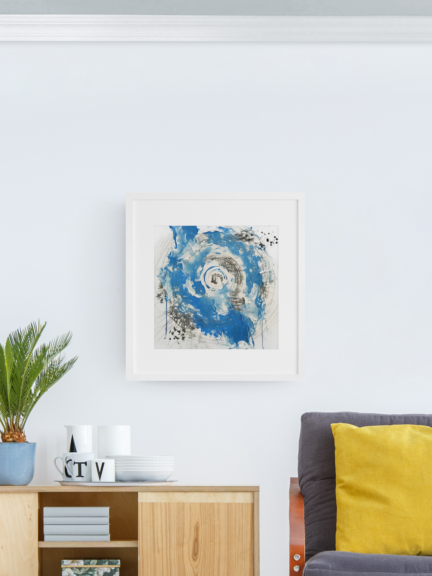 Abstract Blue & White Impasto Art Print – Modern Wall Poster