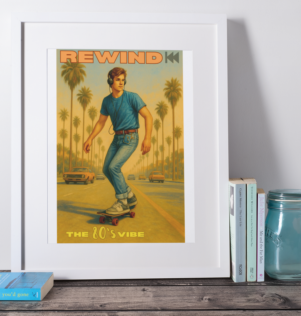 Retro 80's Vibe Poster – Skateboarder with Walkman | Vintage Wall Art