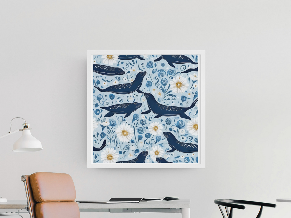 Whimsical Seal and Daisy Framed Wall Art – Coastal Nature Print, Ready to Hang