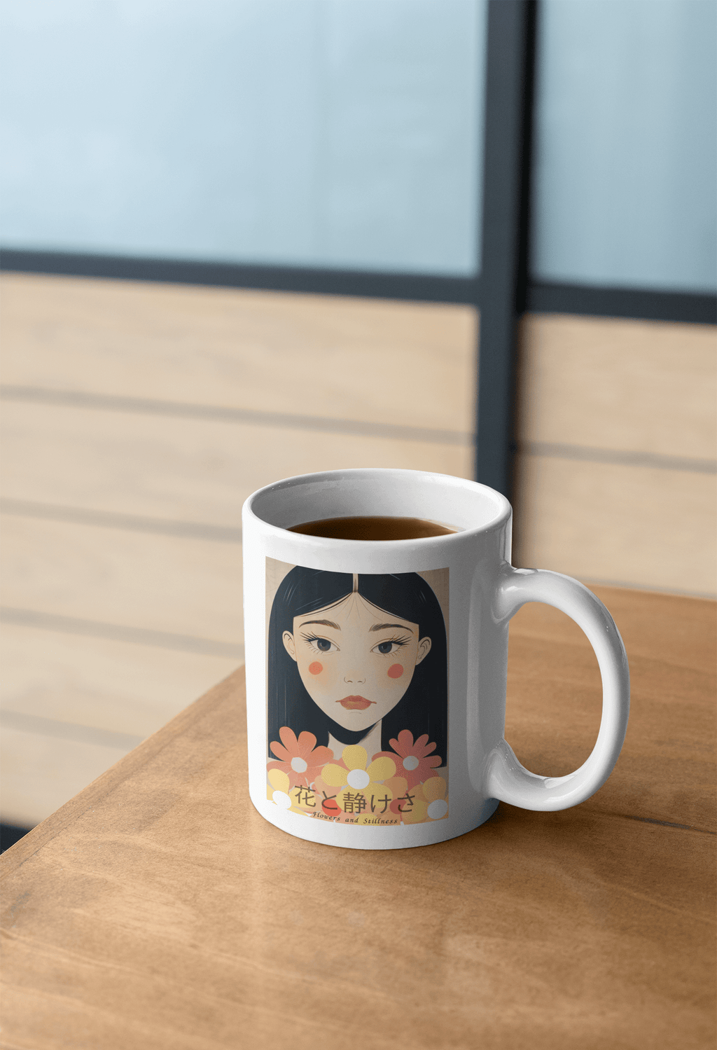 Flowers & Stillness Mug – Japanese Portrait Ceramic Coffee Cup – Tranquil Floral Gift for Tea or Coffee Lovers