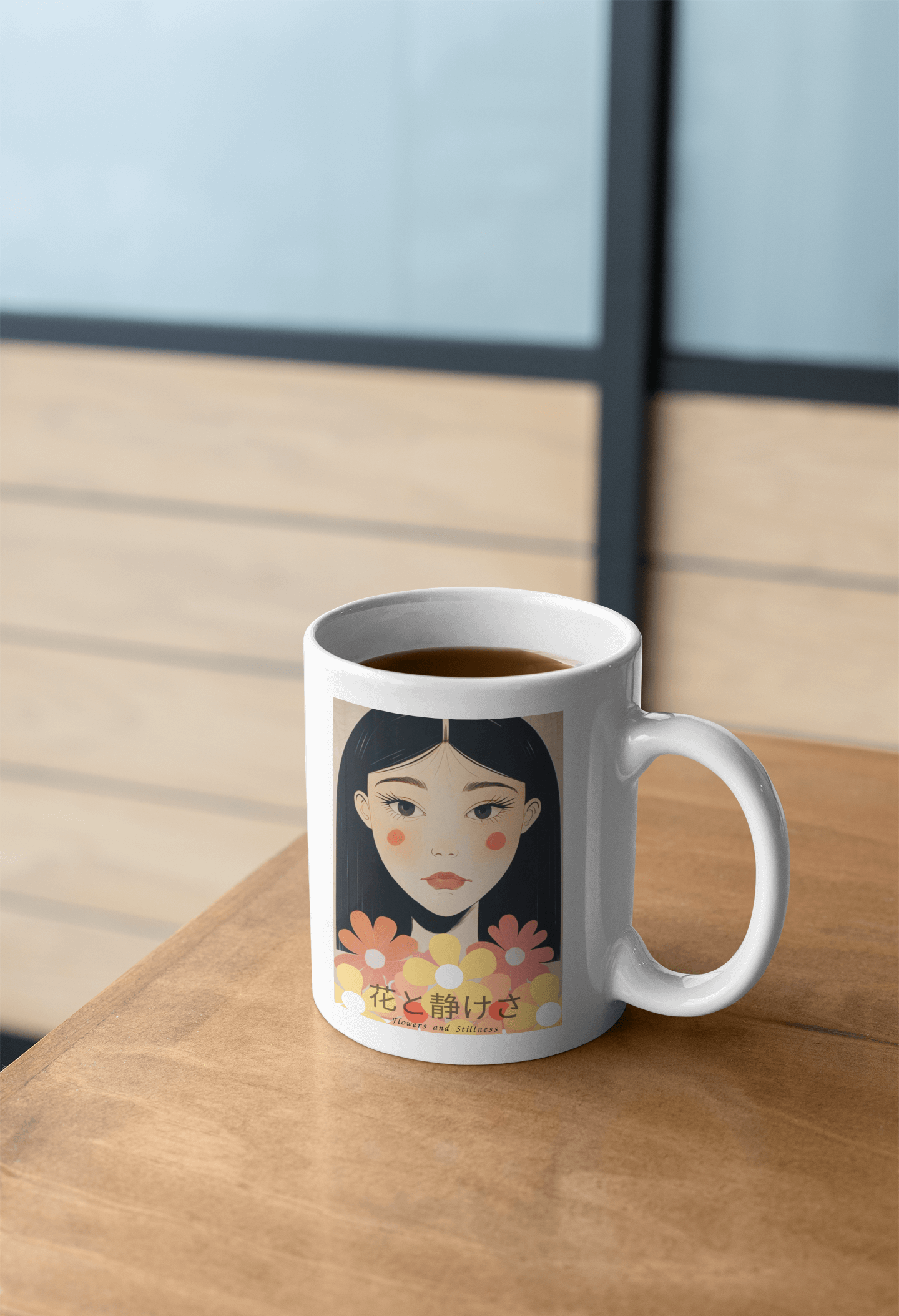 Flowers & Stillness Mug – Japanese Portrait Ceramic Coffee Cup – Tranquil Floral Gift for Tea or Coffee Lovers