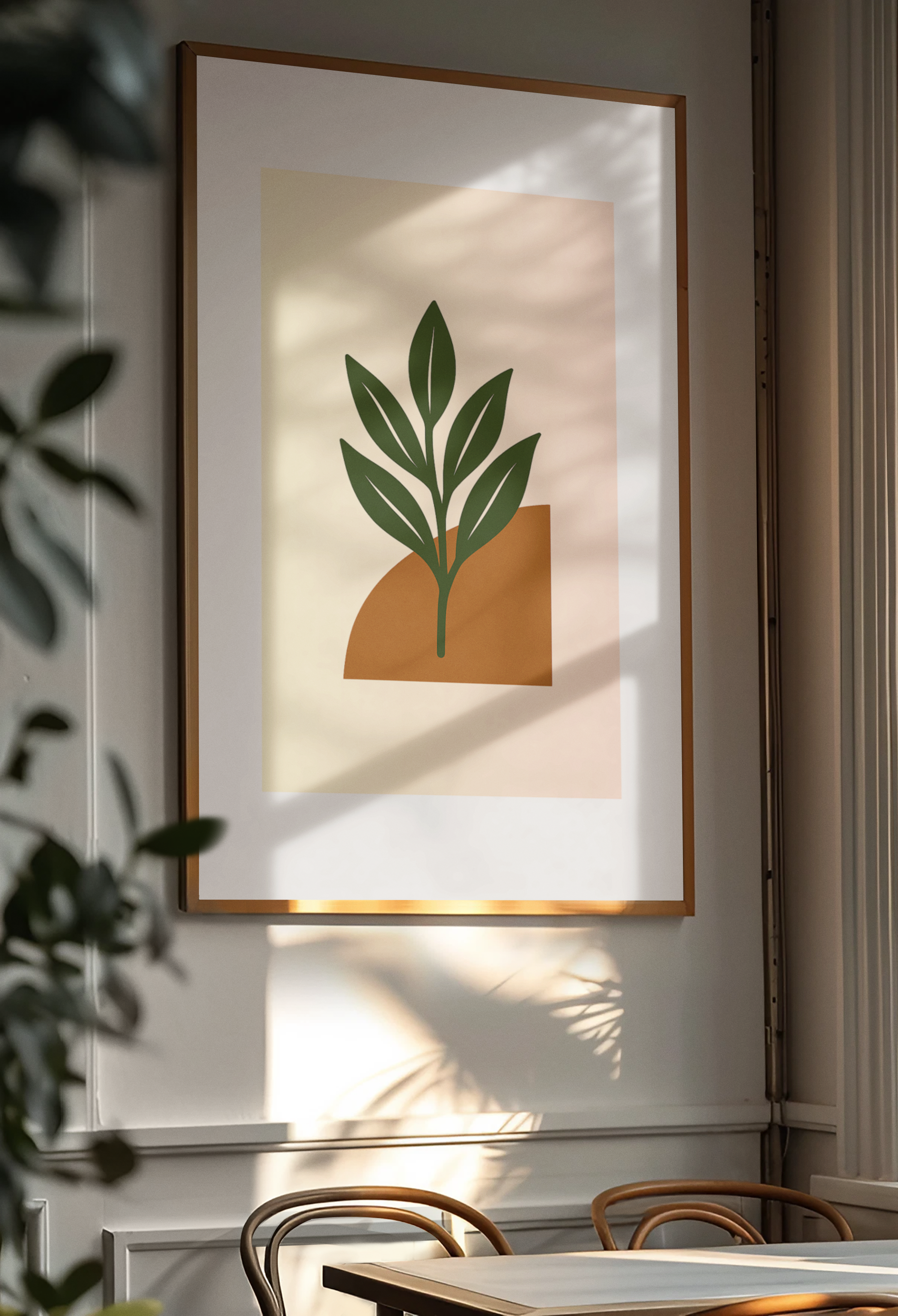 Green Leaf Botanical Wall Art – Minimal Plant Print with Terracotta Accent, Boho Decor