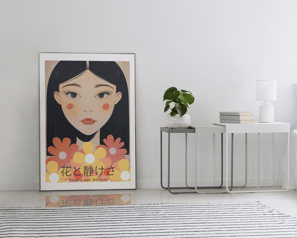 Flowers & Stillness: Japanese Portrait Art Print - Stunning Matte Poster for Home Decor