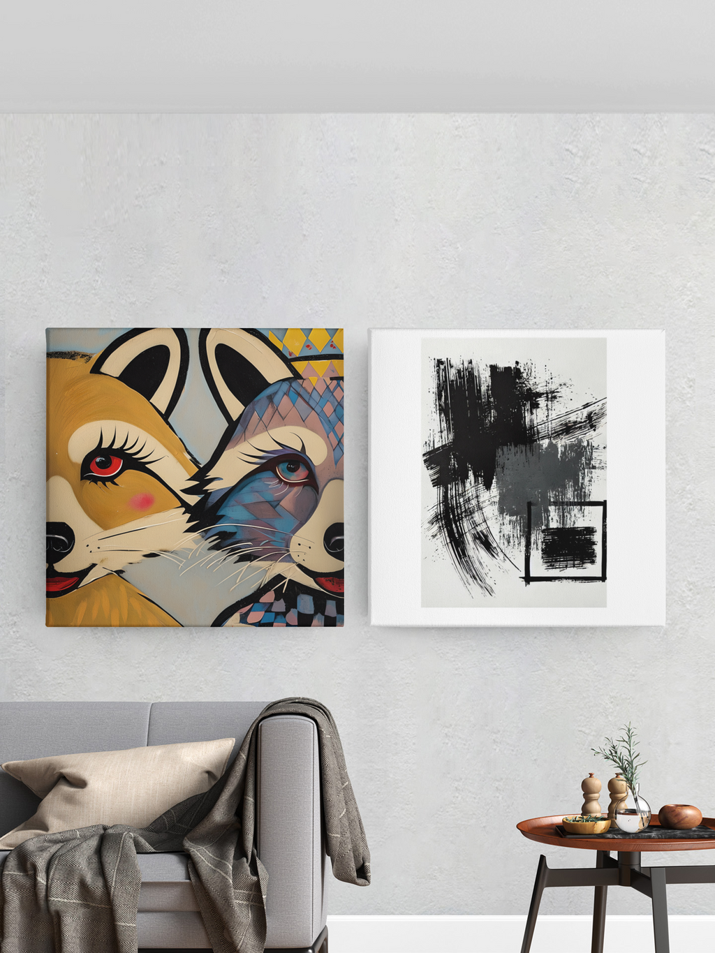Stylized Raccoons Canvas Print  – Abstract Expressionist Canvas Wall Art