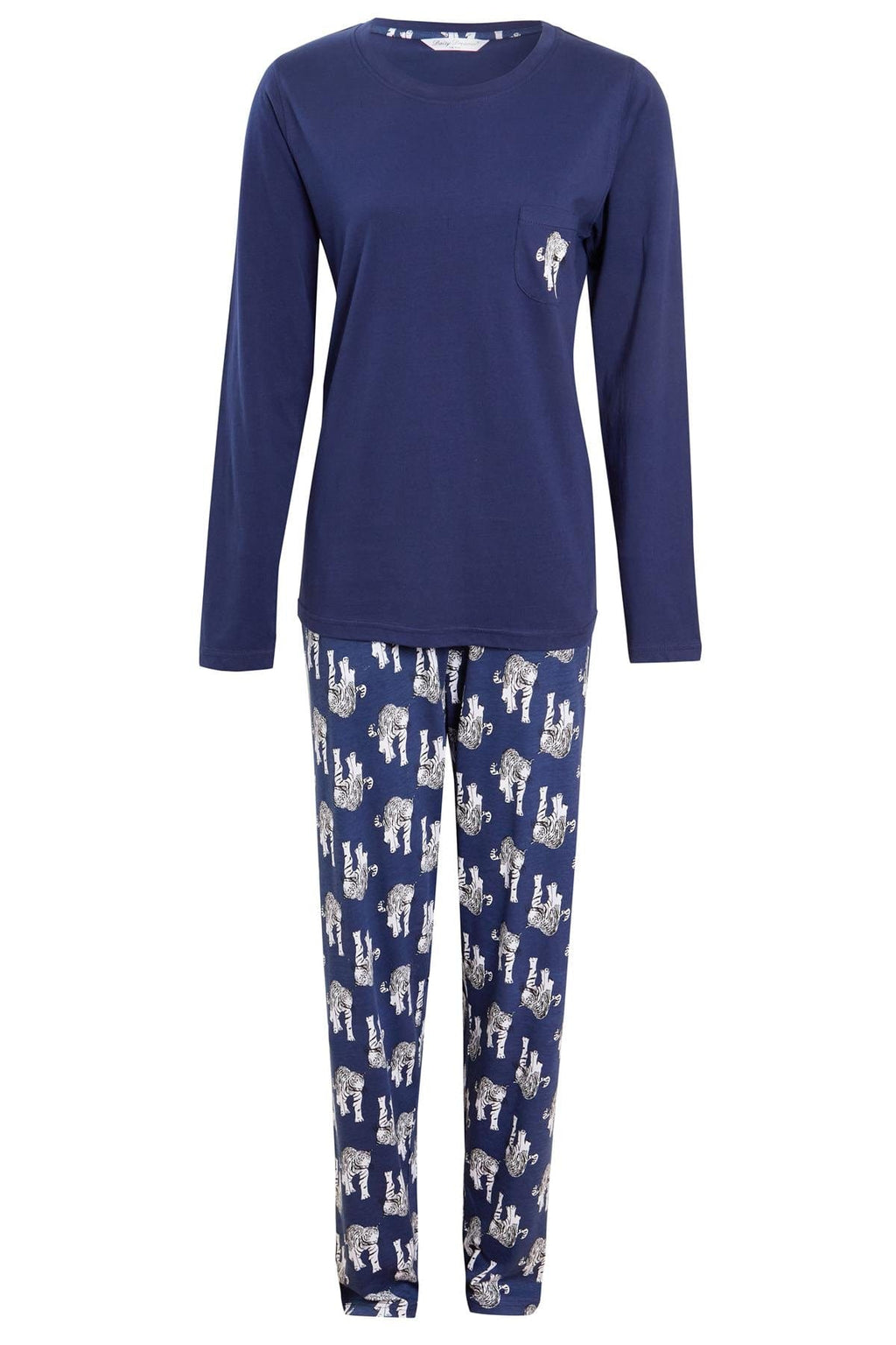 Navy Tiger Print Cotton Pyjama Set for Women 100% Soft Cotton Relaxed Fit Nightwear by Daisy Dreamer