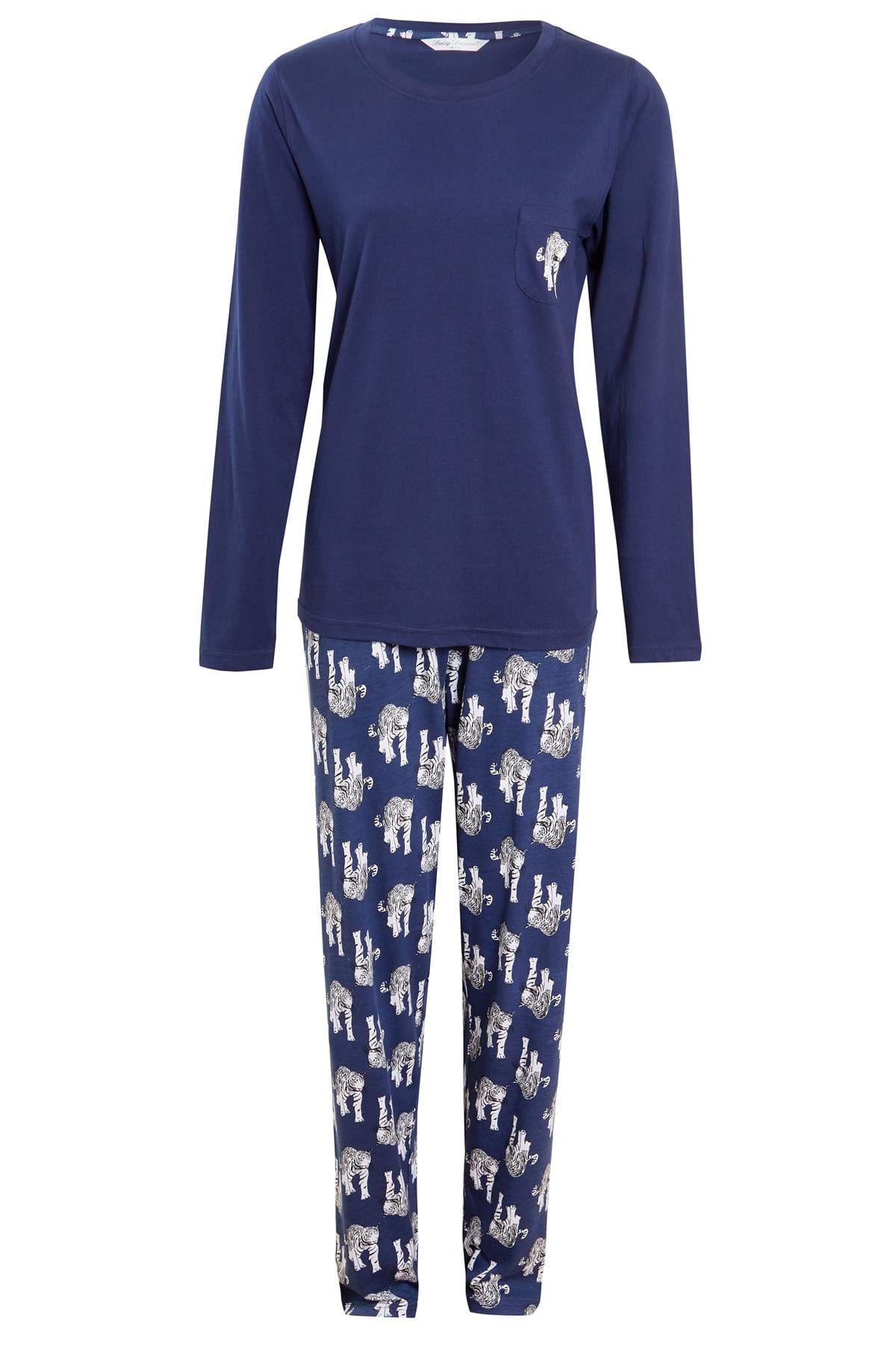 Navy Tiger Print Cotton Pyjama Set for Women 100% Soft Cotton Relaxed Fit Nightwear by Daisy Dreamer