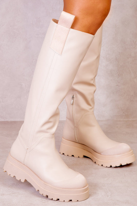 RACHEL CHUNKY PLATFORM CALF BOOTS IN IVORY CREAM FAUX LEATHER