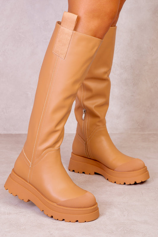 RACHEL CHUNKY PLATFORM CALF BOOTS IN CARAMEL MOCHA FAUX LEATHER