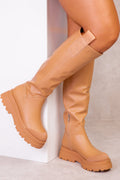 RACHEL CHUNKY PLATFORM CALF BOOTS IN CARAMEL MOCHA FAUX LEATHER