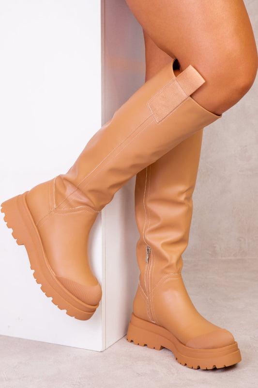 RACHEL CHUNKY PLATFORM CALF BOOTS IN CARAMEL MOCHA FAUX LEATHER
