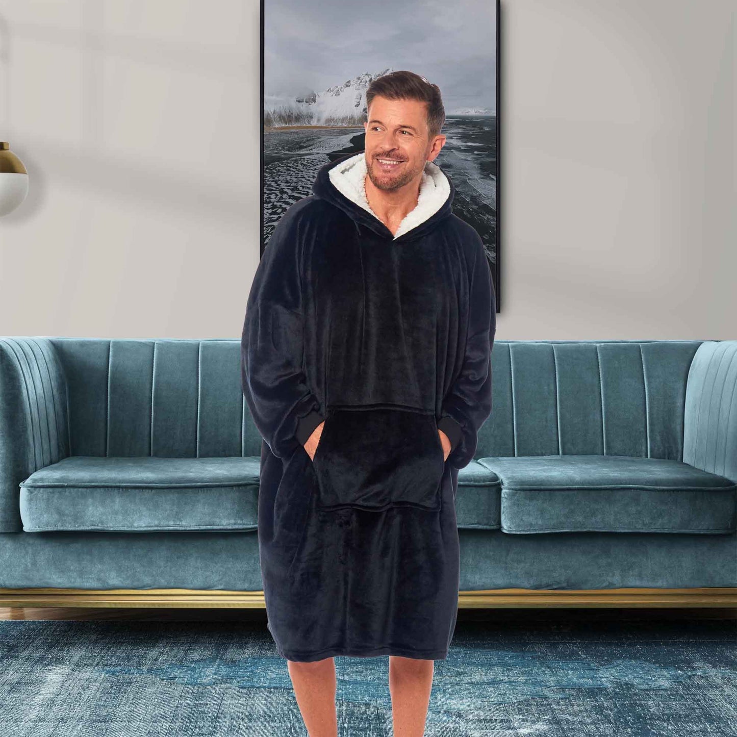 Oversized Men's Hooded Blanket Sweatshirt with Sherpa Lining Plush Wearable Hoodie for Lounging Camping One Size Fits All by Daisy Dreamer