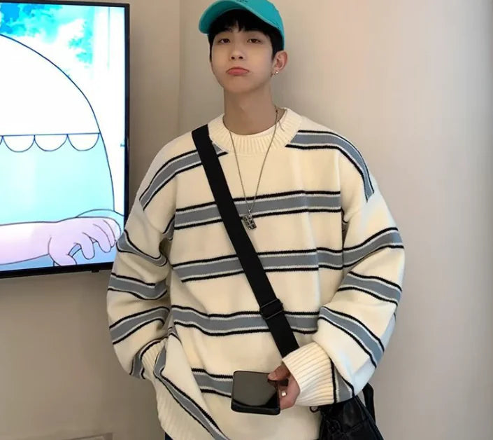 Men's Striped Crewneck Sweater for Autumn & Winter