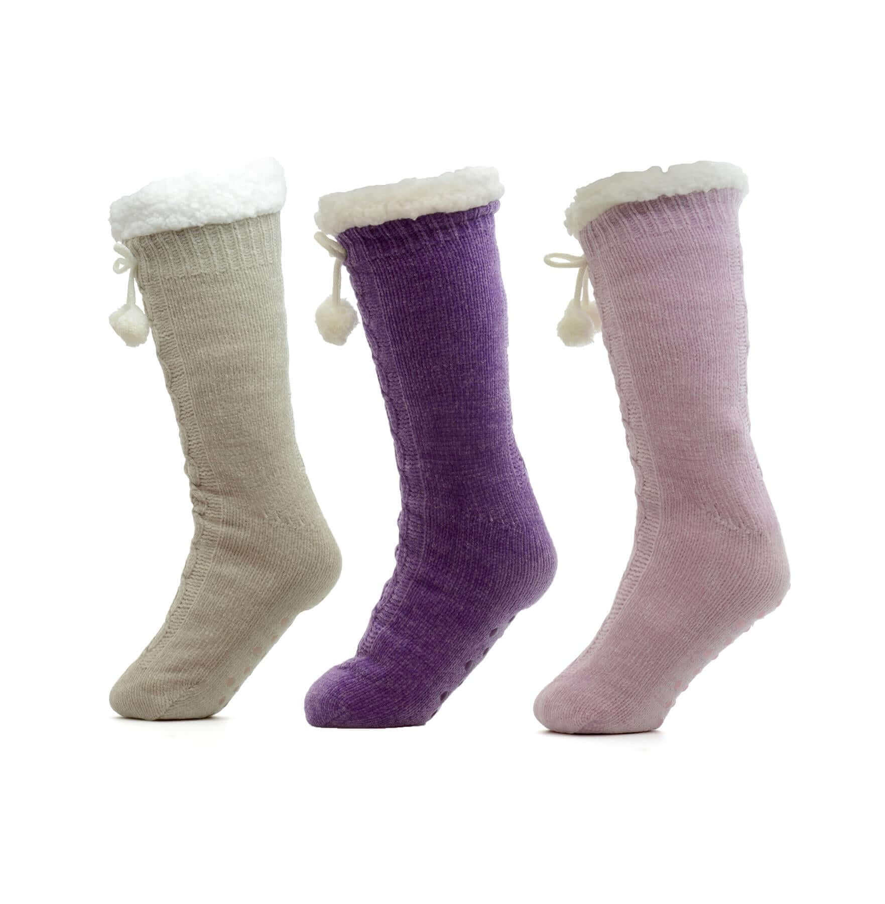 Pack of 3 Pairs Womens Chunky Knit Slipper Socks Tall Sherpa Fleece Fur Lined Non Slip Grips Warm Winter Home Lounging UK Sizes 4-7 Assorted Colors by Sock Stack