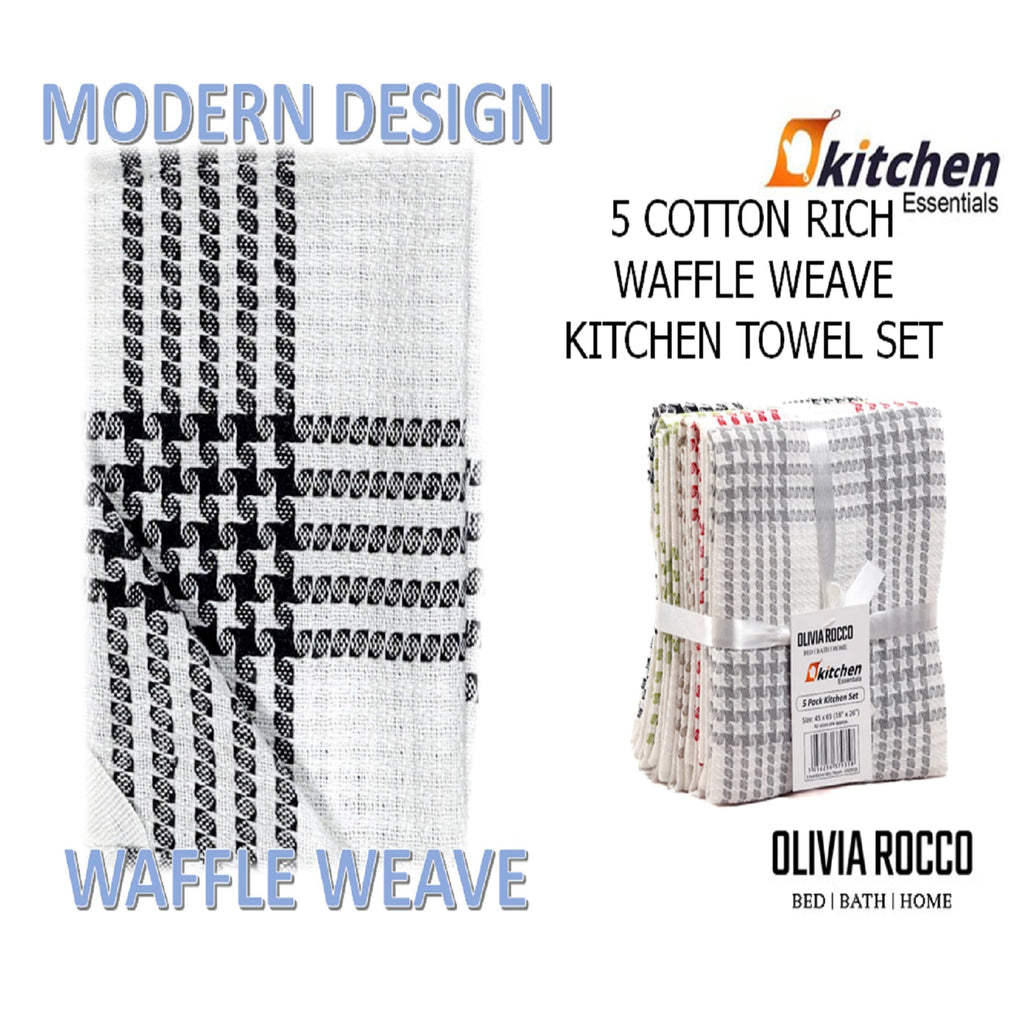 Pack of 5 Super Absorbent Quick Drying Houndstooth Cotton Tea Towels for Kitchen Durable Decorative Dish Towels 45cm x 65cm by OLIVIA ROCCO