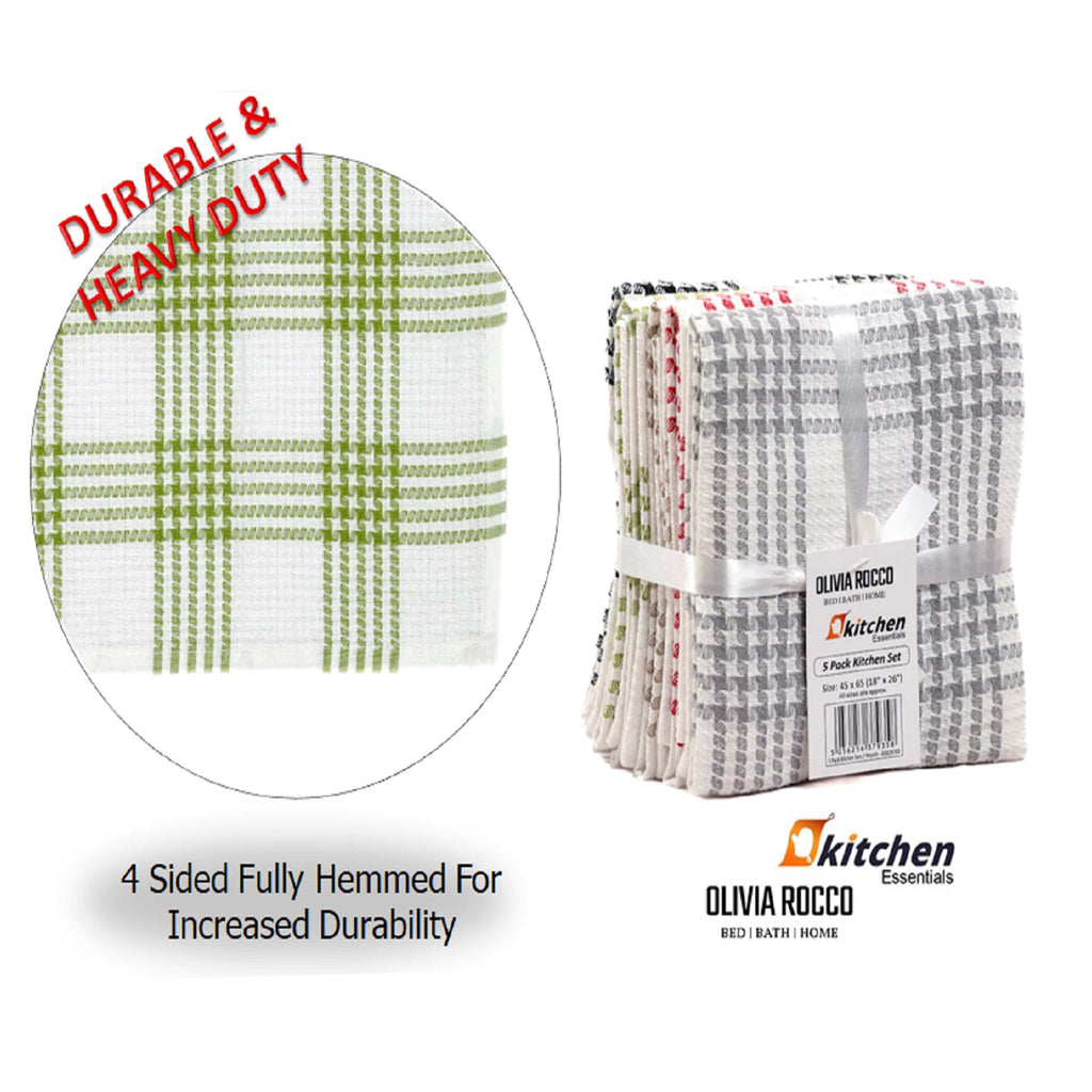 Pack of 5 Super Absorbent Quick Drying Houndstooth Cotton Tea Towels for Kitchen Durable Decorative Dish Towels 45cm x 65cm by OLIVIA ROCCO
