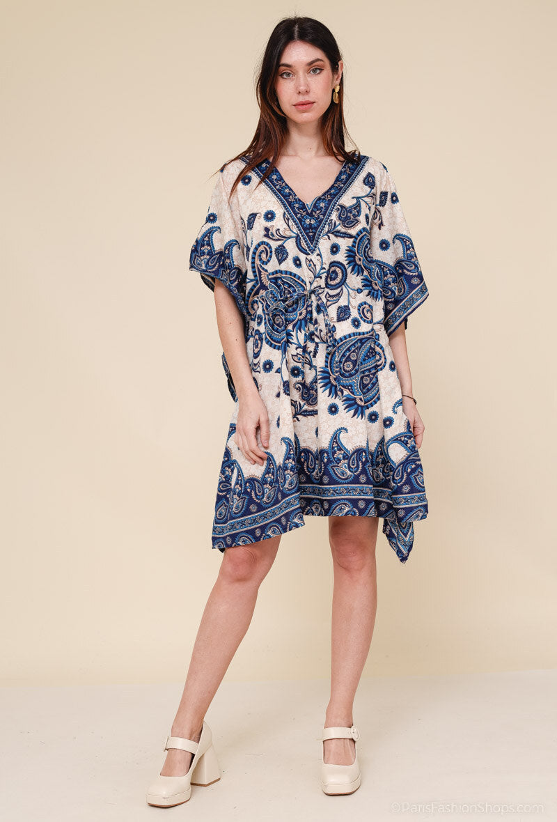 Short kaftan dress with round mosaic flower print