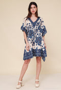Short kaftan dress with round mosaic flower print