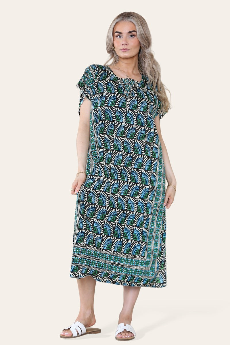 Geometric Mosaic V-neck Midi Dress