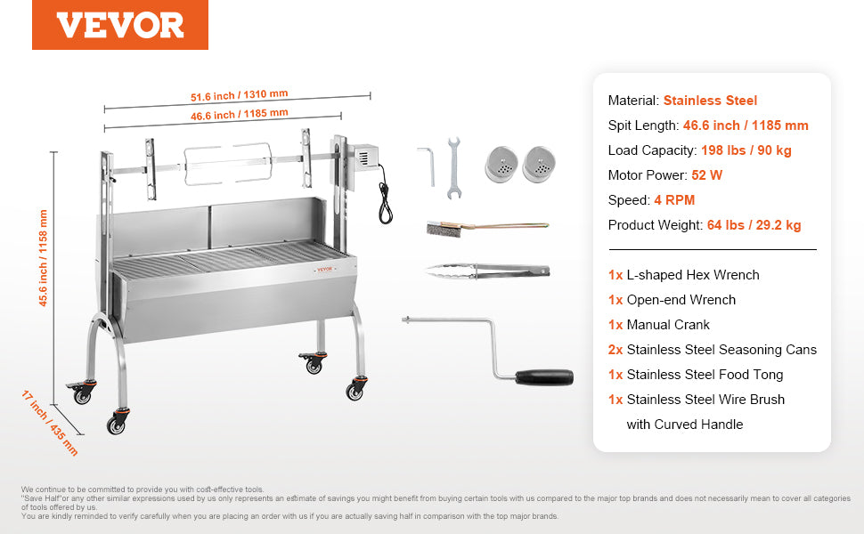 VEVOR 46inch Rotisserie Grill with Windscreen Charcoal Spit Grill 132 Lbs Capacity Stainless Steel Roaster with Lockable Wheels