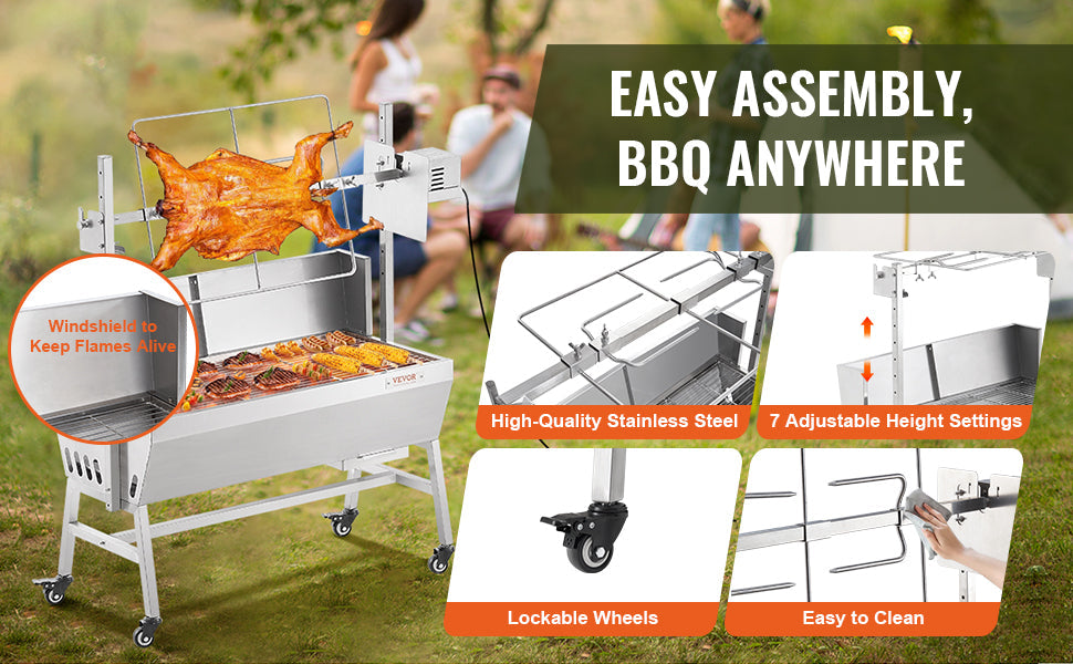 VEVOR 46inch Rotisserie Grill with Windscreen Charcoal Spit Grill 132 Lbs Capacity Stainless Steel Roaster with Lockable Wheels