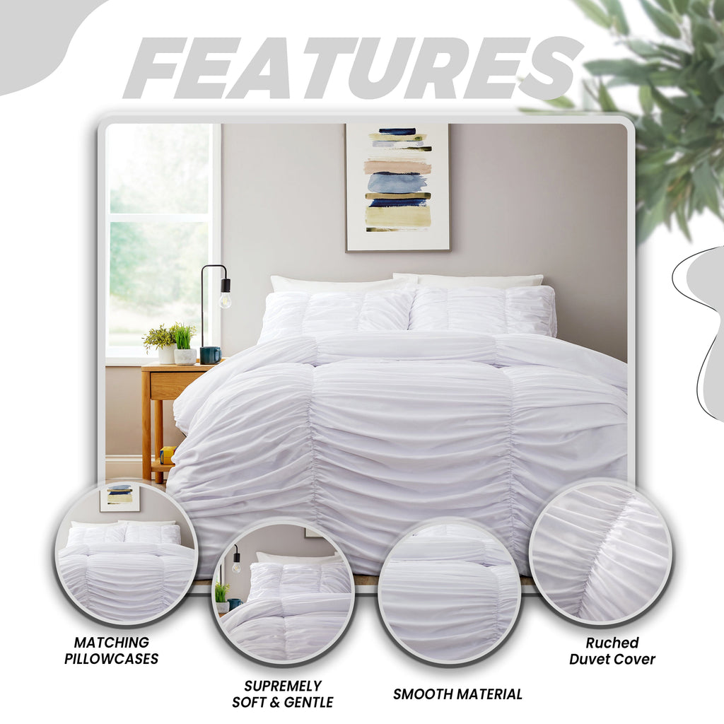 Ruched White Microfibre Duvet Cover Set with Pillowcases Ruffle Bedding Super Soft Easy Care Quilt Bed Linen by OLIVIA ROCCO