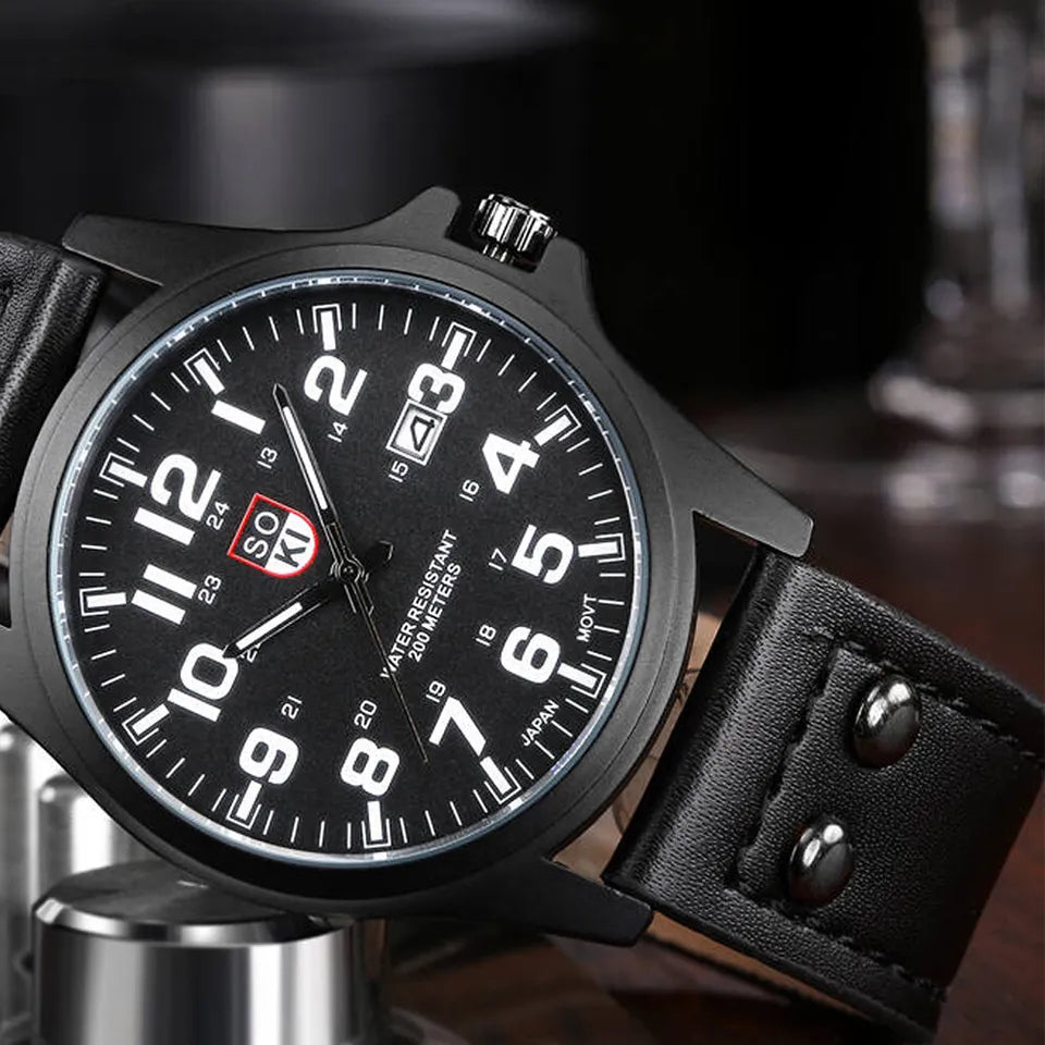Men’s Military Leather Date Quartz Analog Army Casual Dress Wrist Watches UK