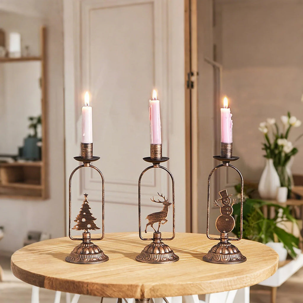 Set of 3 Iron Christmas Candle Holders – Tree, Snowman & Deer (Vintage Bronze)