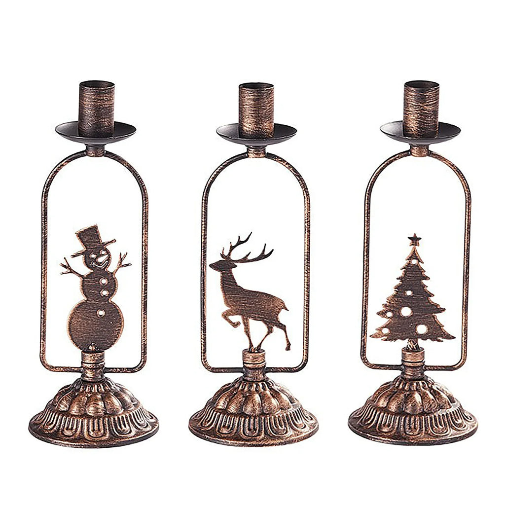 Set of 3 Iron Christmas Candle Holders – Tree, Snowman & Deer (Vintage Bronze)