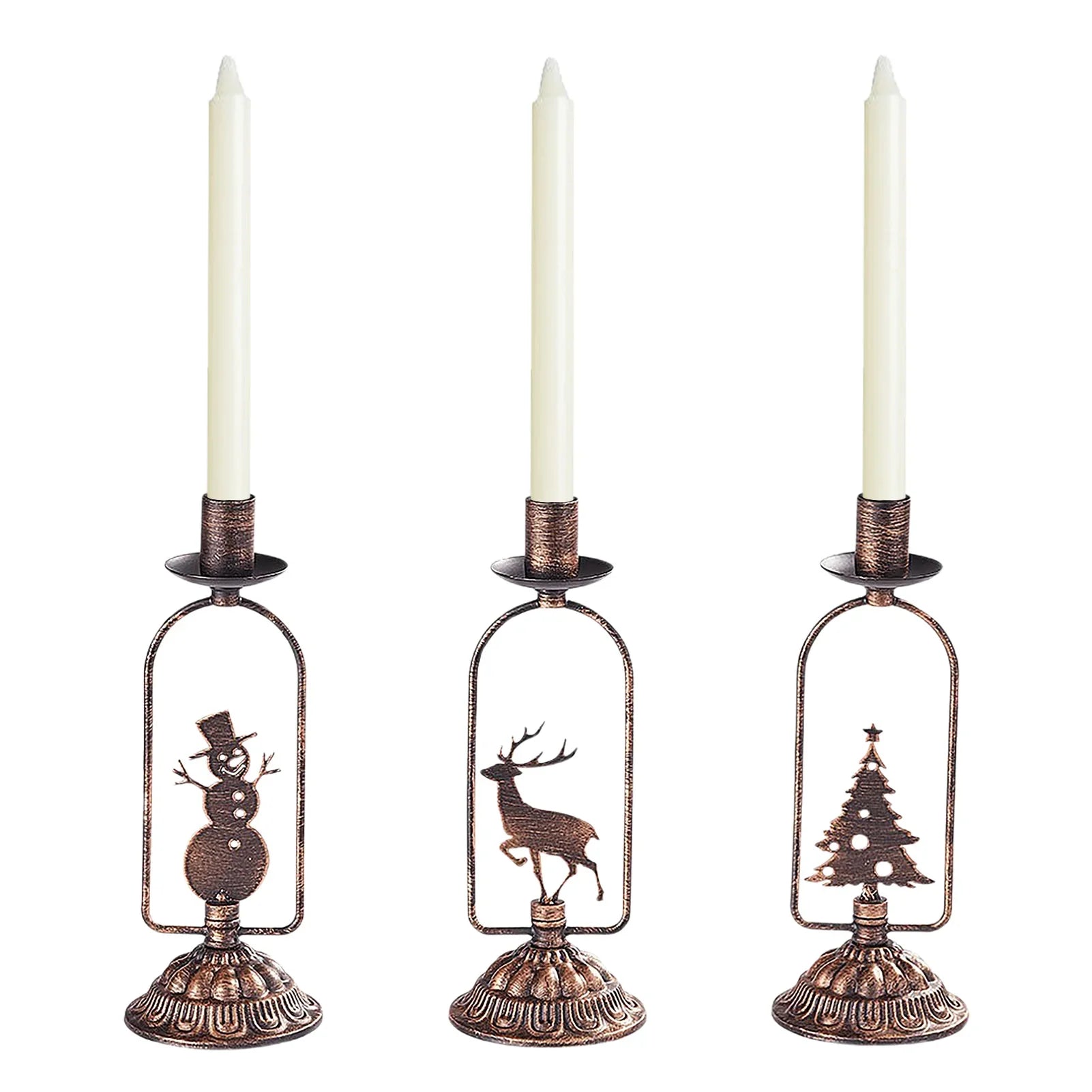 Set of 3 Iron Christmas Candle Holders – Tree, Snowman & Deer (Vintage Bronze)
