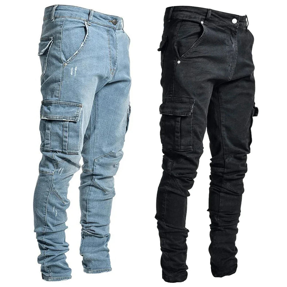 Slim Fit Cargo Jeans – Washed Denim Multi-Pocket Streetwear