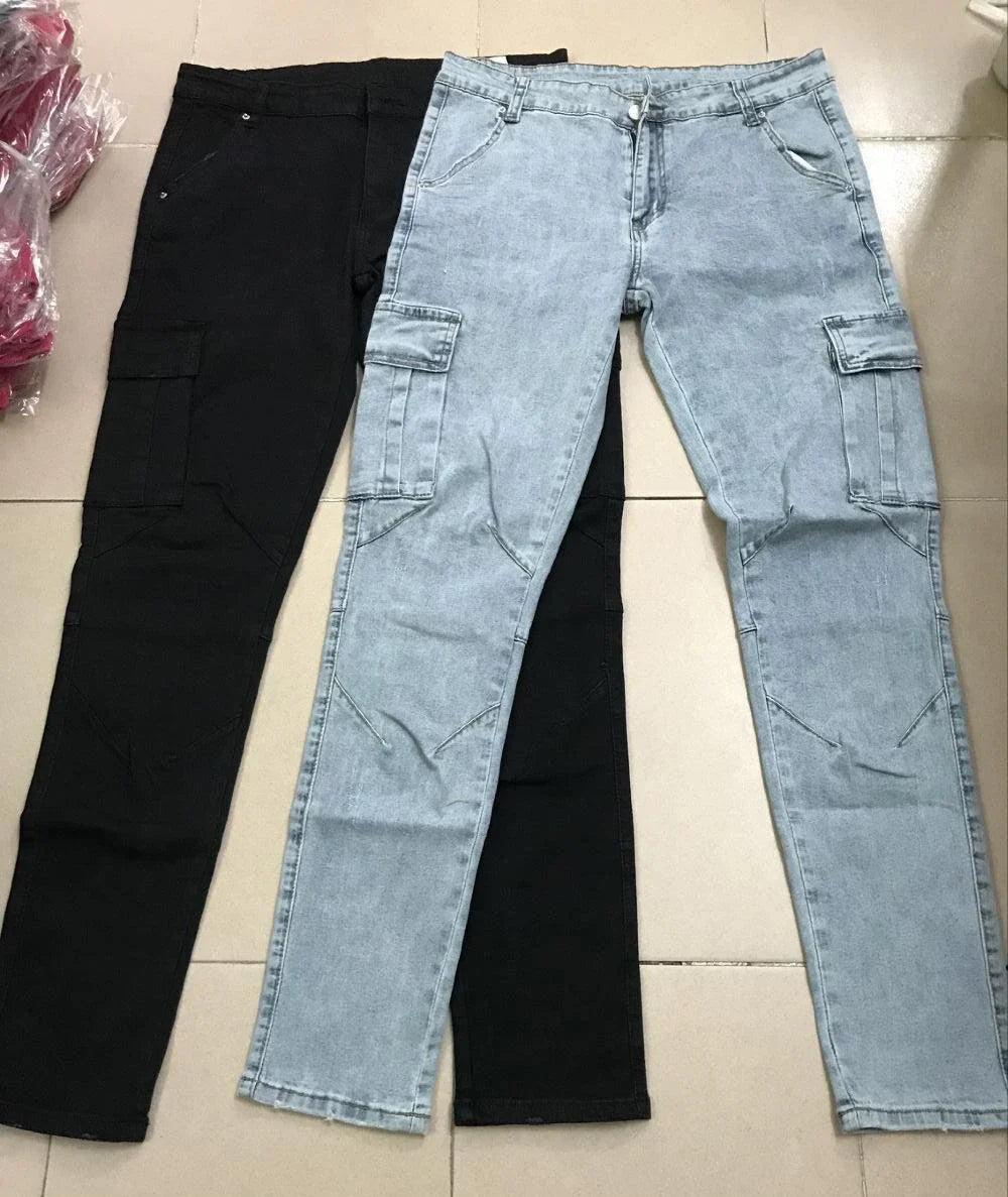 Slim Fit Cargo Jeans – Washed Denim Multi-Pocket Streetwear