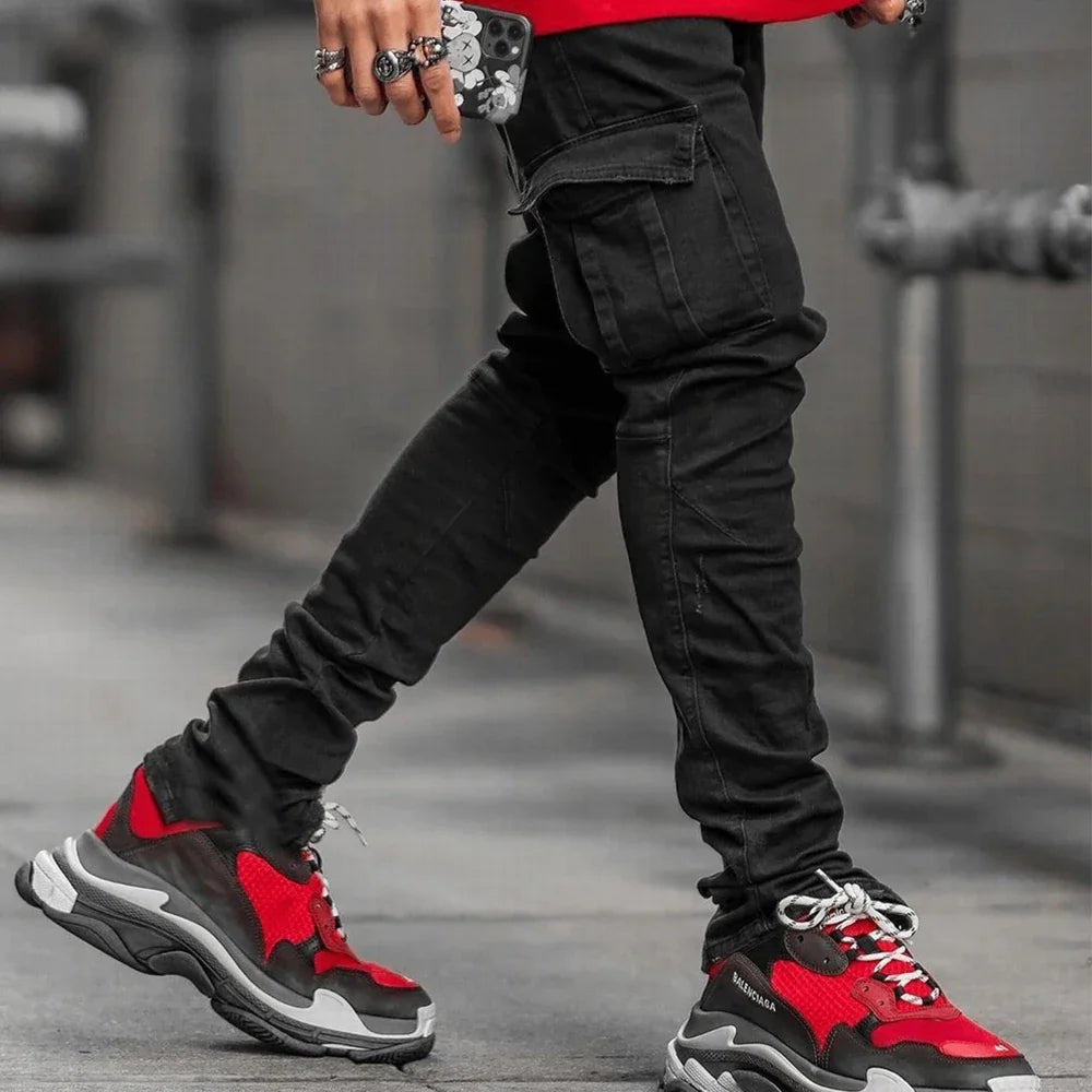 Slim Fit Cargo Jeans – Washed Denim Multi-Pocket Streetwear