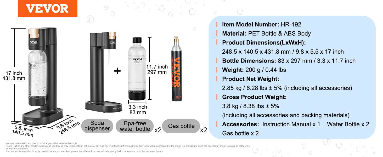 VEVOR Sparkling Water Maker Soda Machine for Home Carbonating Seltzer Water Starter Kit w/ Mainstream Screw-in 60L CO2 Cylinder