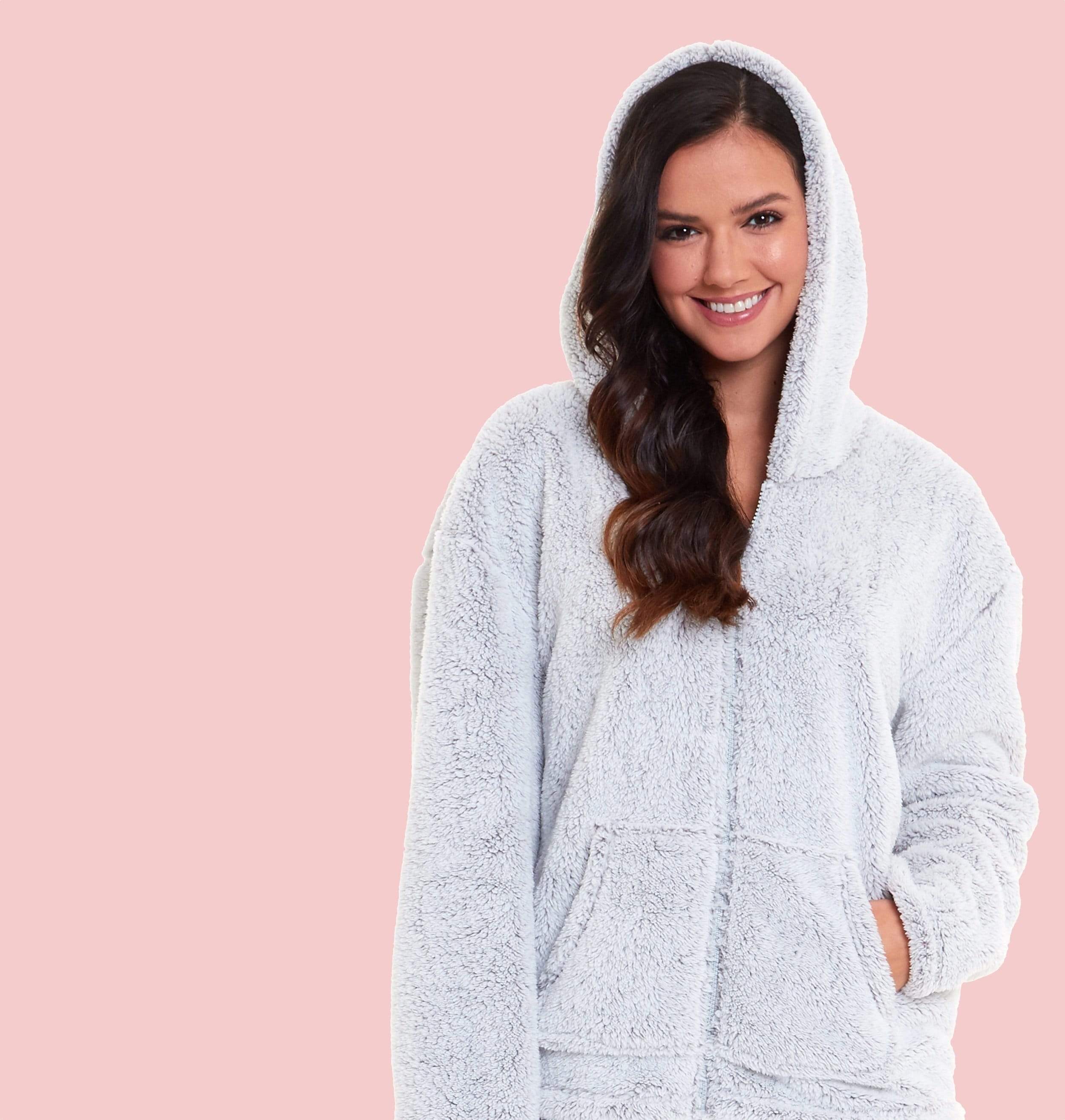 Soft Grey Plush Fleece Hooded Pyjama Set with Zipped Front for Winter Loungewear by Daisy Dreamer