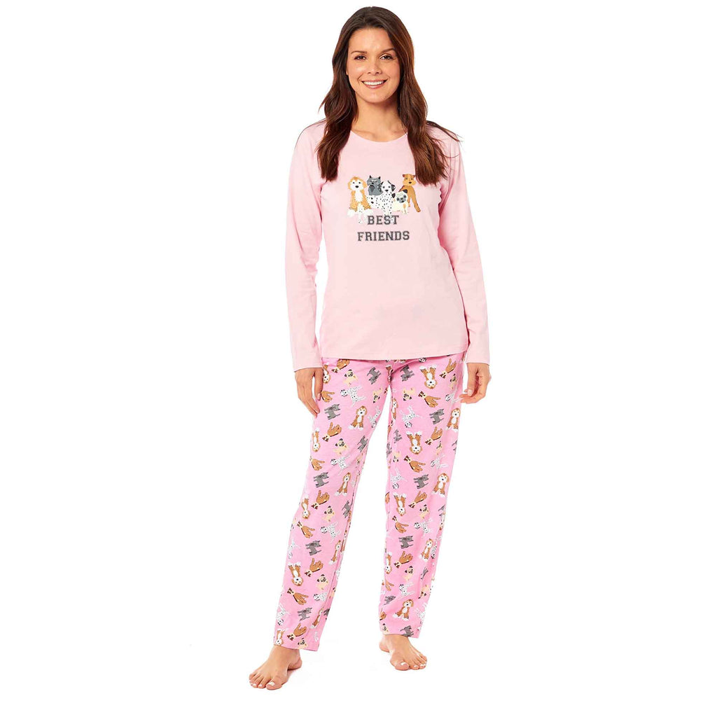 Soft Pink Dogs Pyjama Lounge Set for Women Comfortable Cotton Long Sleeve Top with Patterned Bottoms by Daisy Dreamer