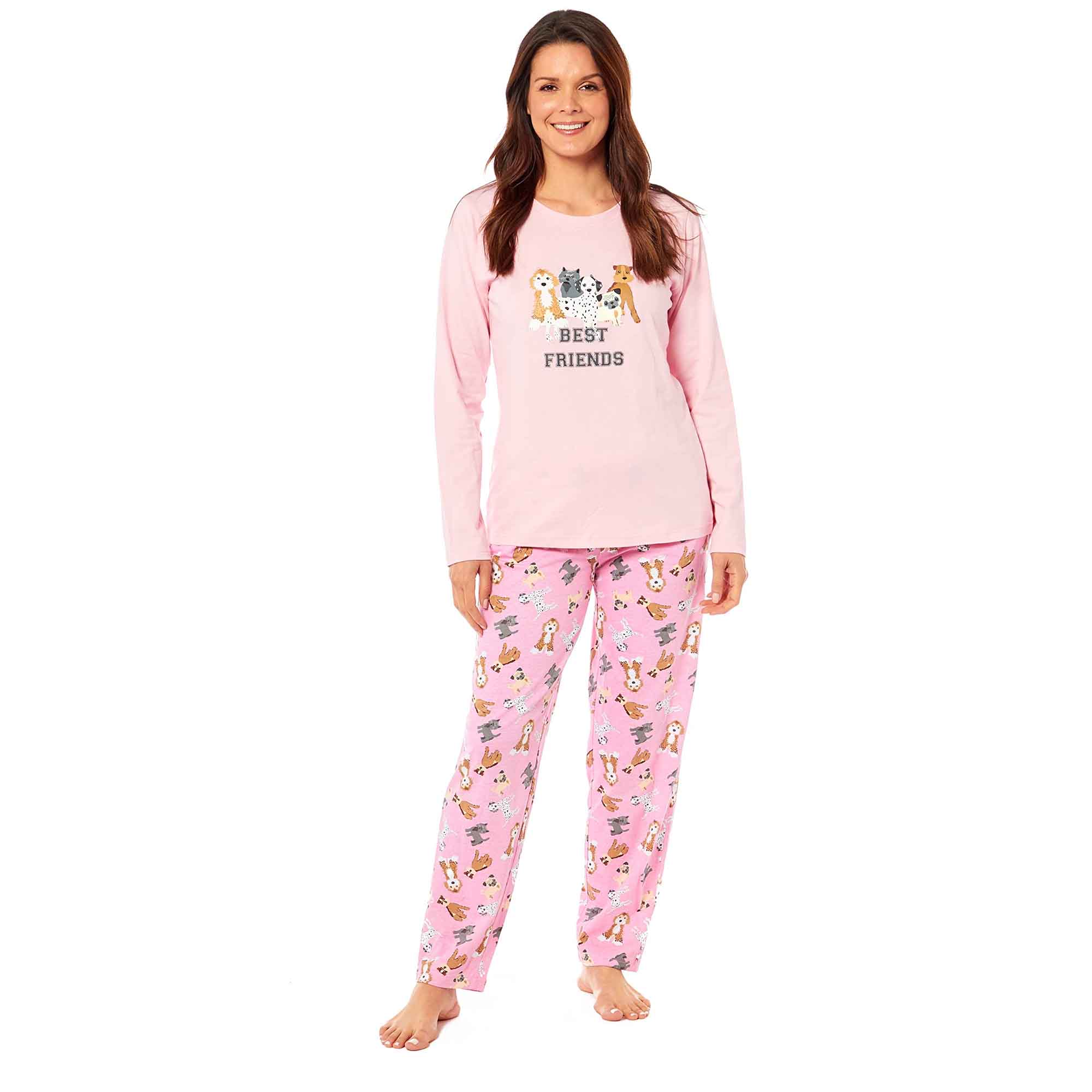 Soft Pink Dogs Pyjama Lounge Set for Women Comfortable Cotton Long Sleeve Top with Patterned Bottoms by Daisy Dreamer