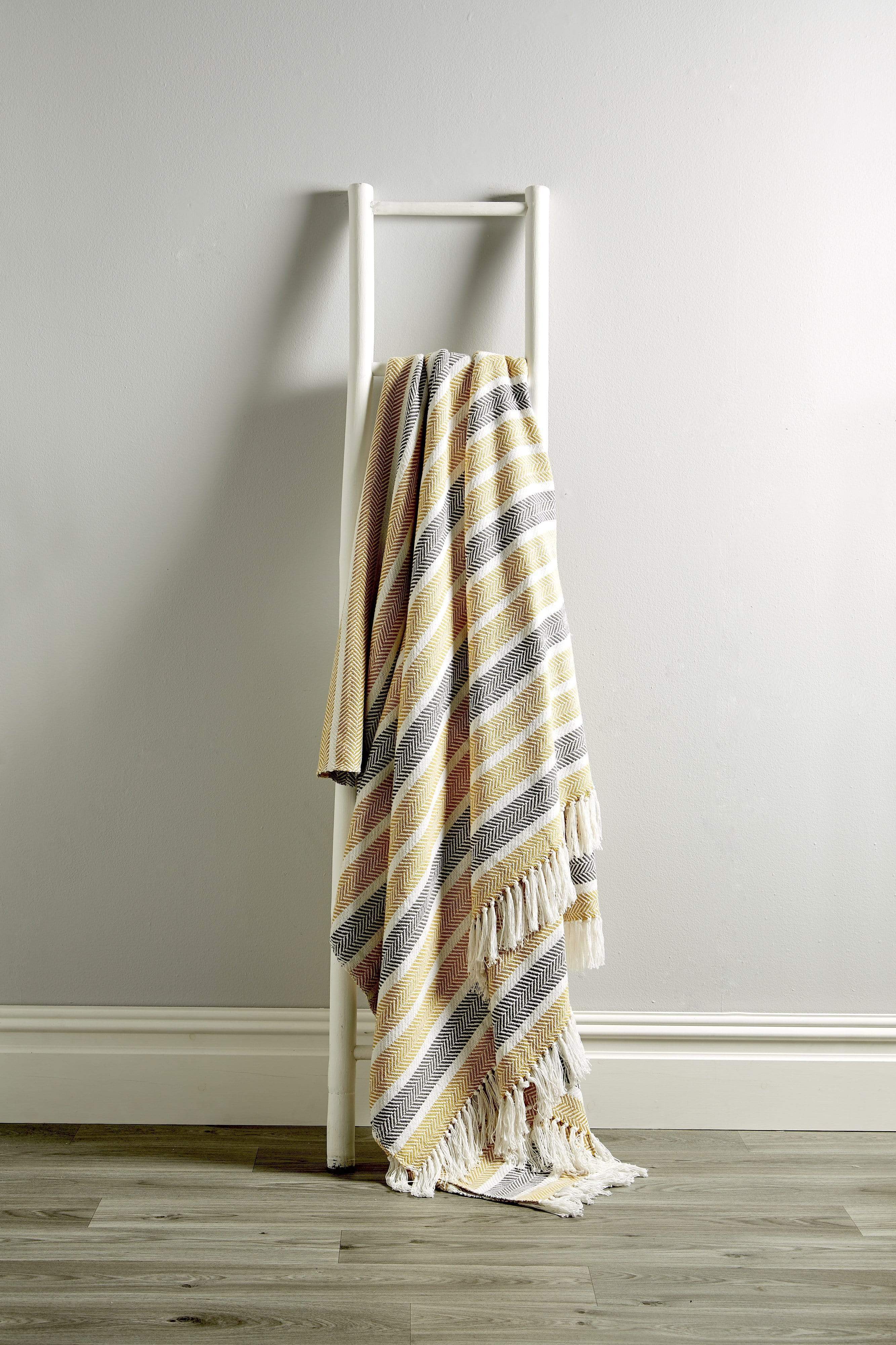 Zara Striped Handwoven Pure Cotton Throw Blanket with Tassells Eco-Friendly Perfect for Sofa Bed and Home Decor Available in Multiple Sizes and Calming Colours by OLIVIA ROCCO