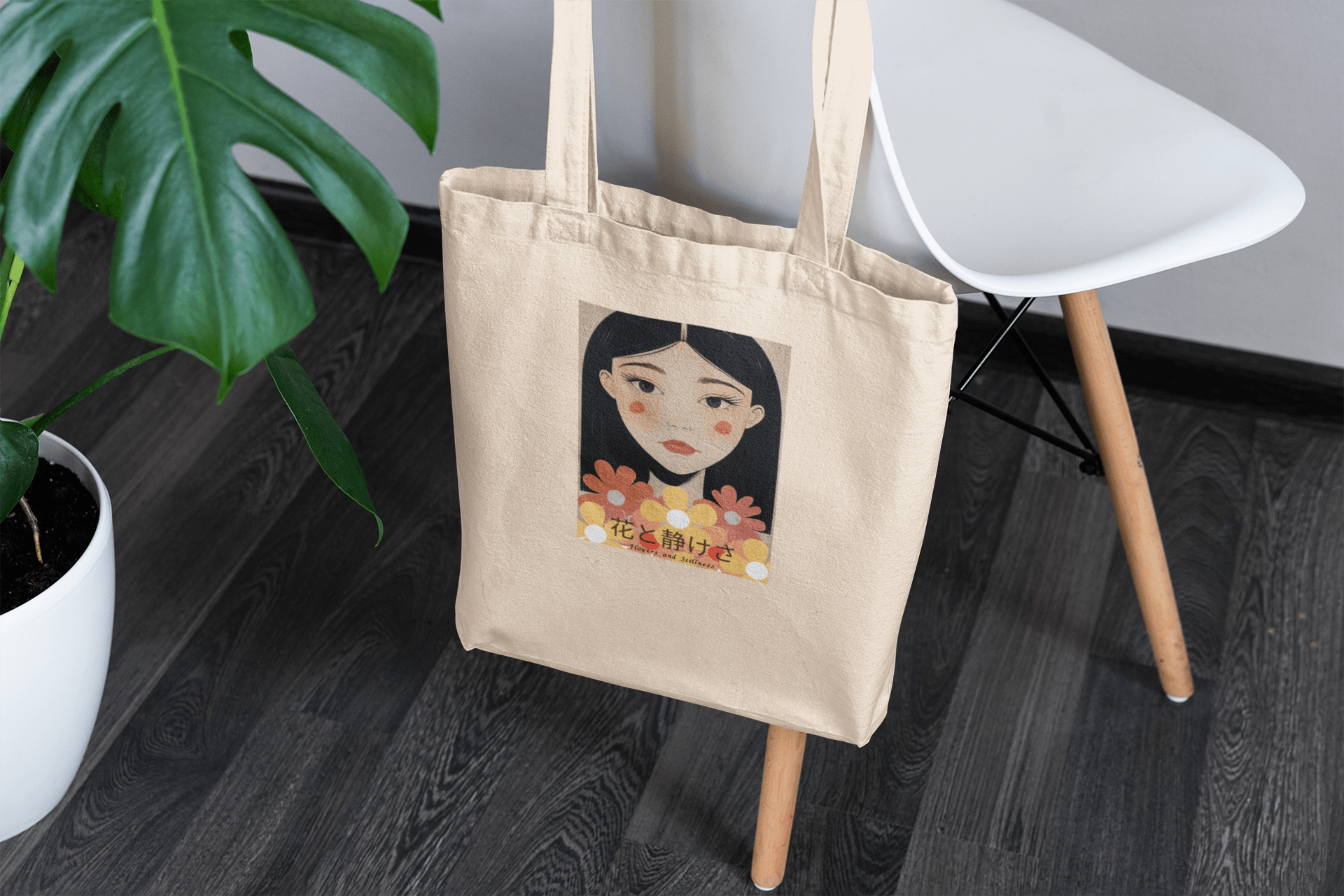 Flowers & Stillness Tote Bag – Japanese Portrait Eco Canvas Shopper – Artistic Floral Carryall Gift