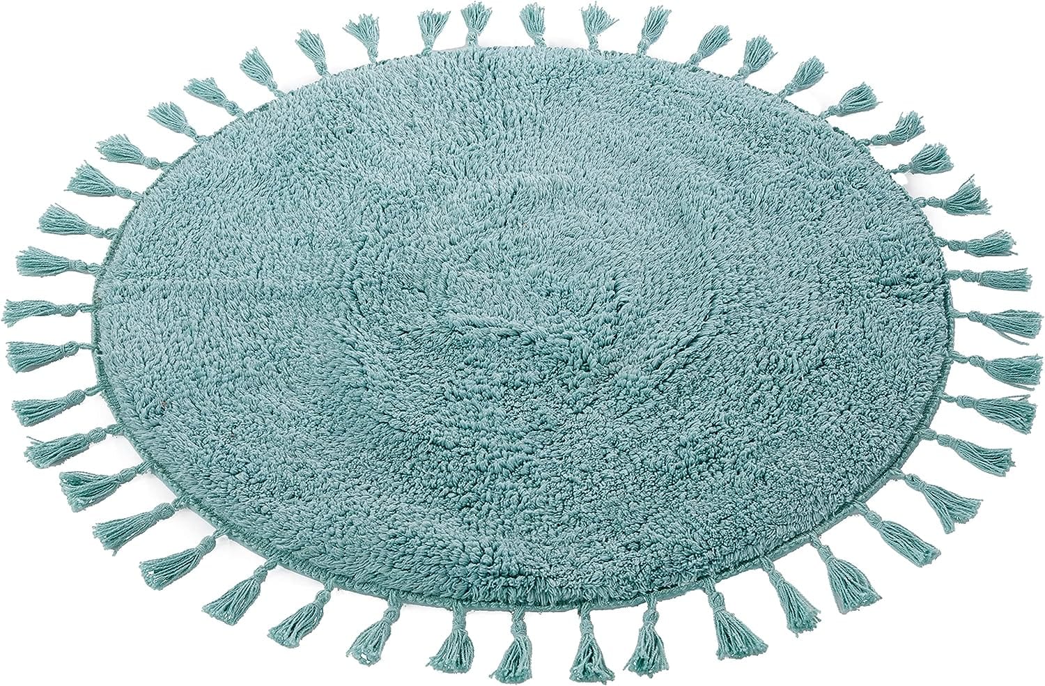 Super Soft Absorbent Non-Slip Round Tasselled Bath Mat 100% Cotton Bathroom Rug in Duck Egg Grey Natural and White by OLIVIA ROCCO