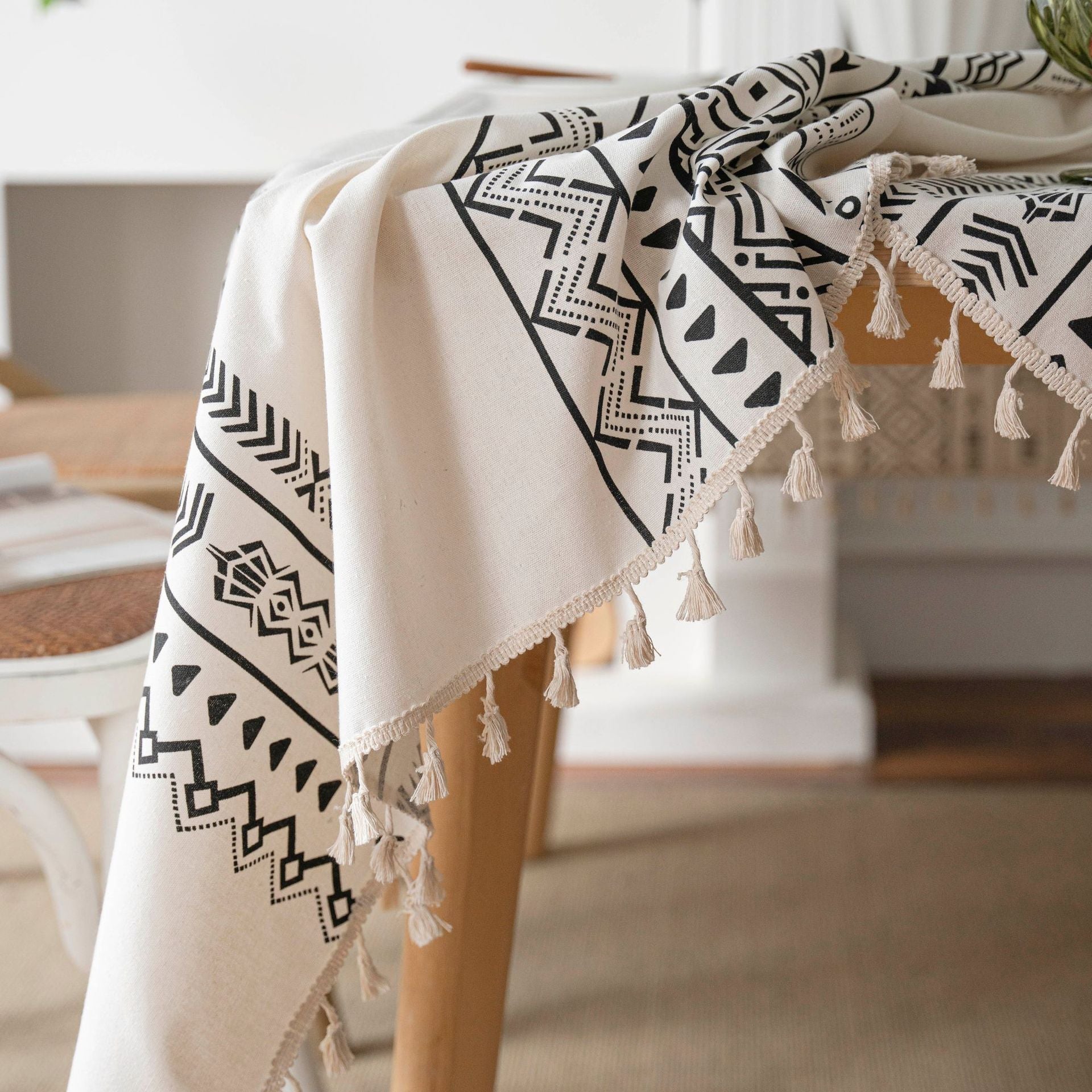 Geometric Black Tassel Waterproof Rectangular Tablecloth