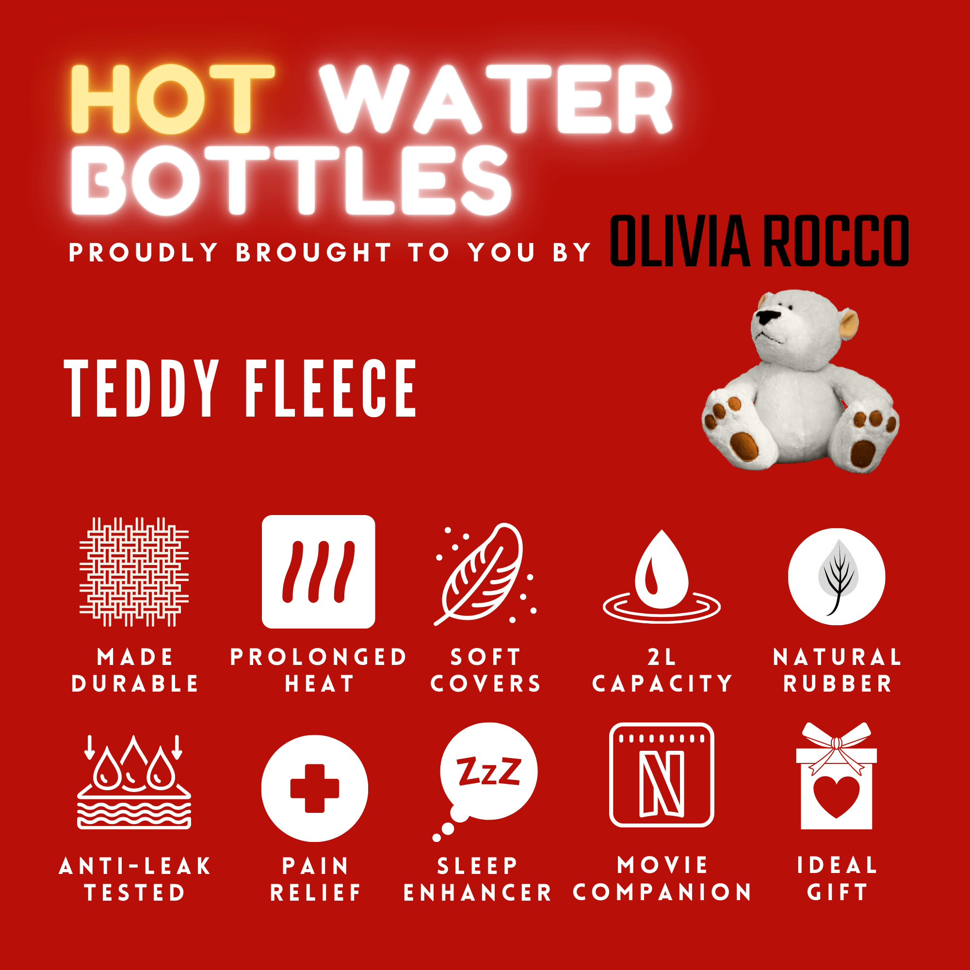 Teddy Fleece Hot Water Bottle with Hand Warmer Pocket Luxurious 2L Natural Rubber for Winter Comfort Natural Rubber UK Safe Tested Ideal Gift for Adults Kids by OLIVIA ROCCO